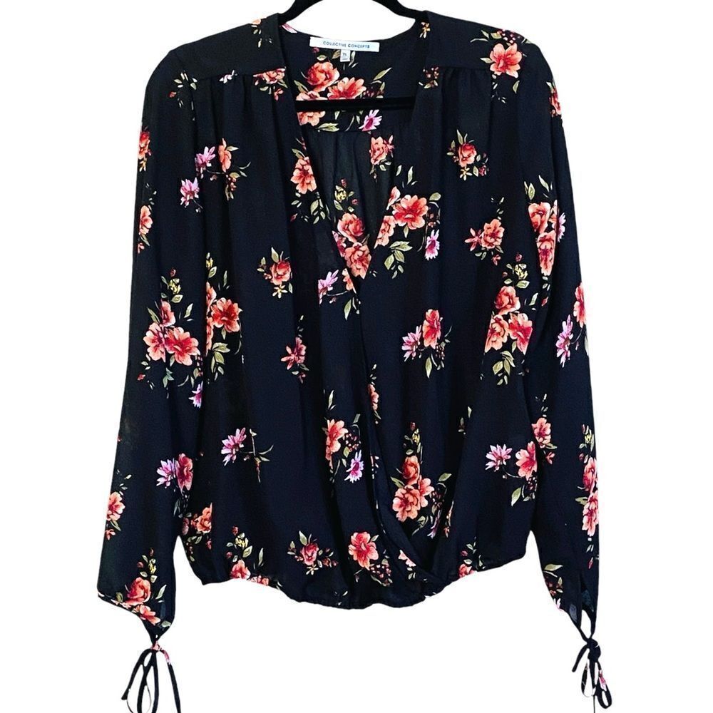 Collective Concepts Dark Floral Surplice Wrap Tie Sleeve Blouse Sz XL